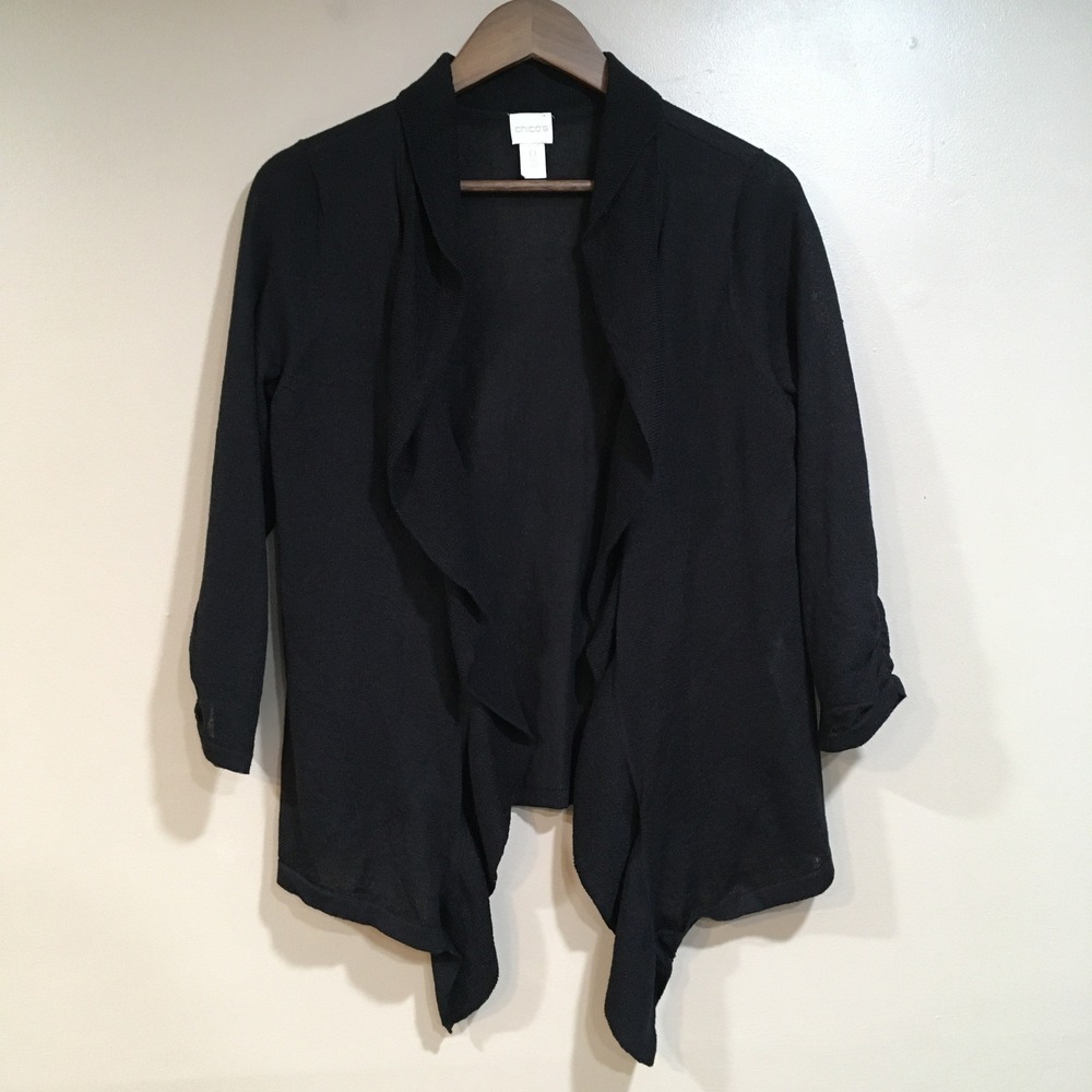 Chicos Open Front Ruffle‎ Cardigan Womens S Sz 0 Black Classic Whimsigoth Witchy